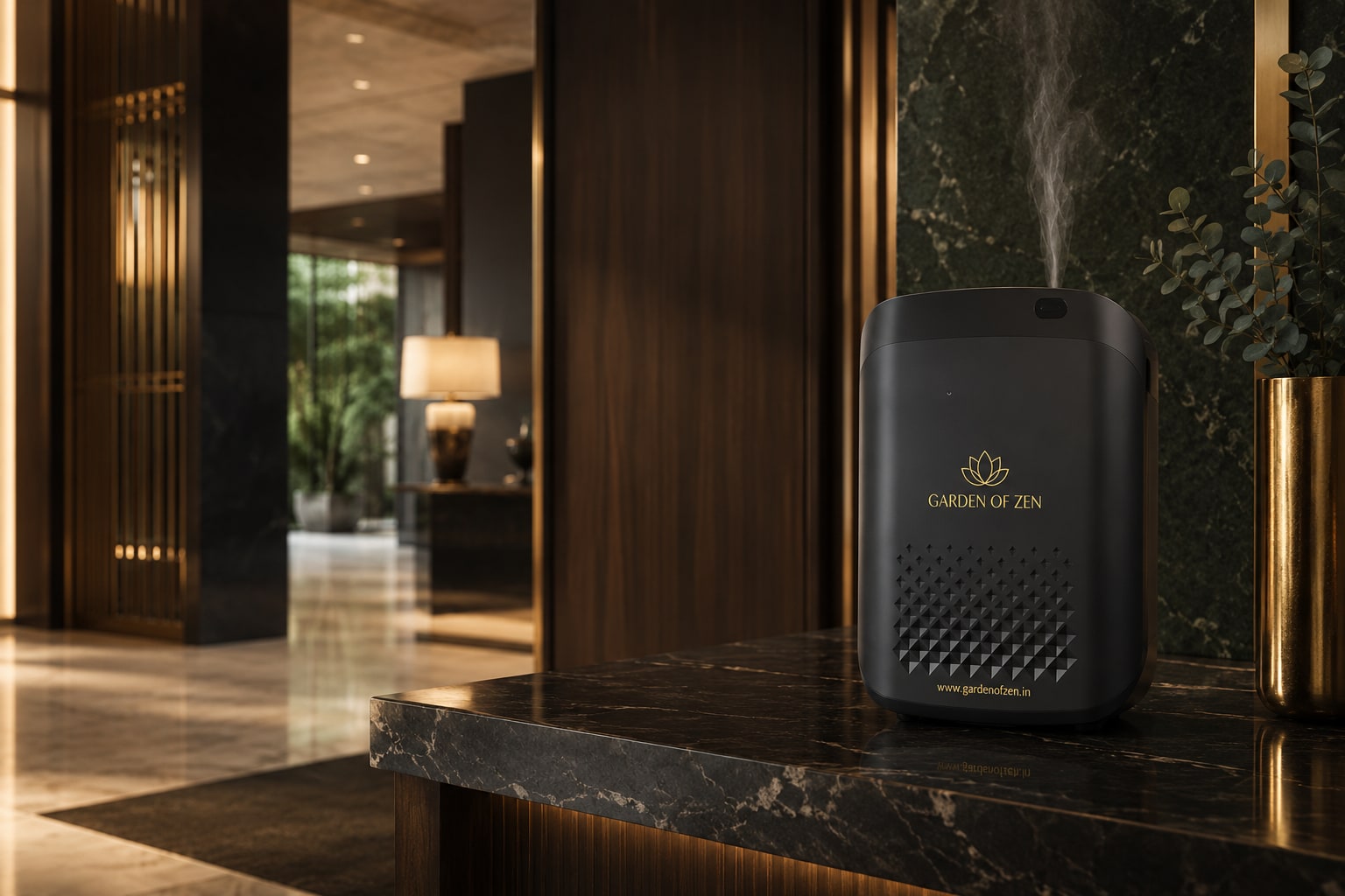 A discreet professional scent diffuser in a refined hospitality interior