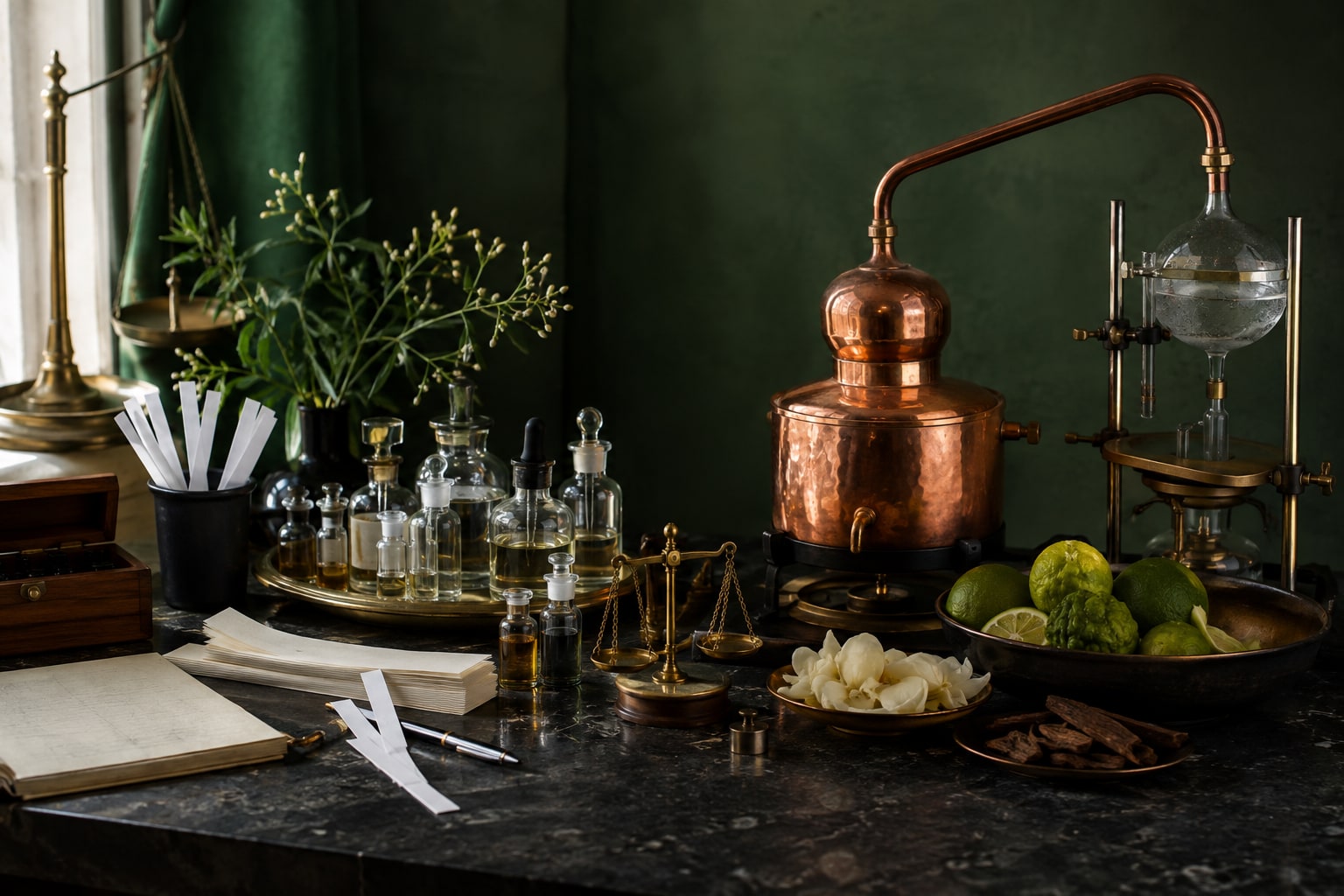 Botanical extraction and composed fragrance materials shown side by side