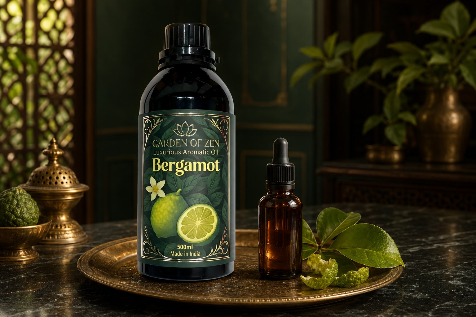 Garden of Zen Bergamot fragrance oil beside a small unbranded essential-oil bottle