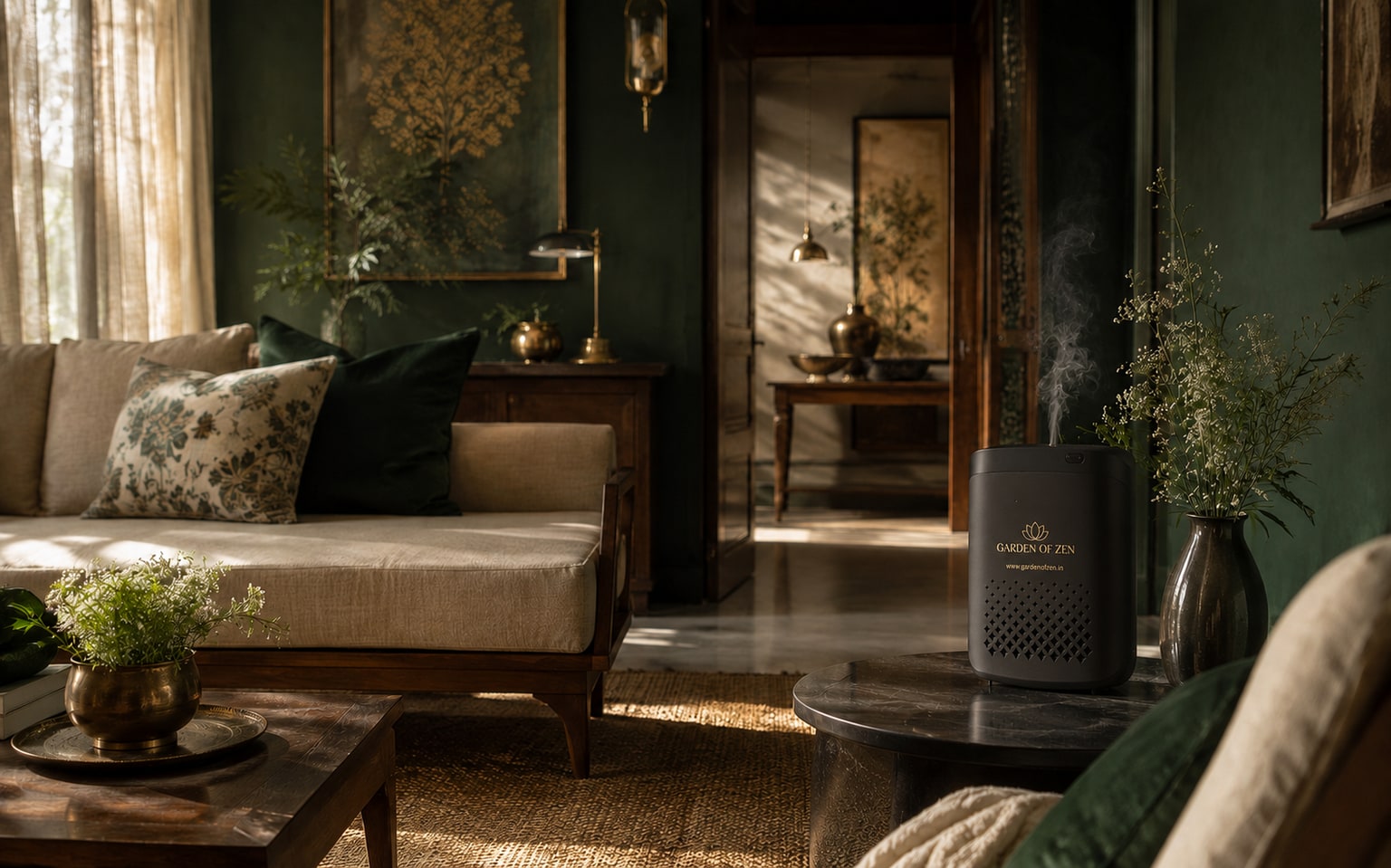 GOZ Mist diffuser and aroma oil in a richly styled home interior