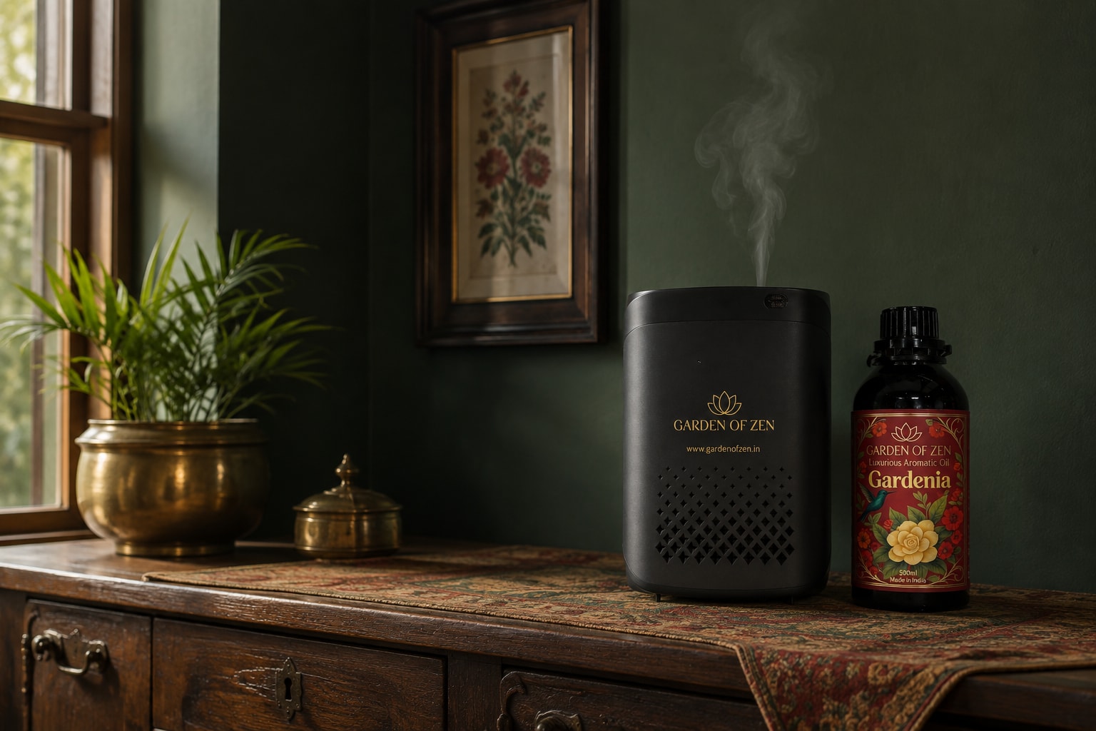 GOZ Mist diffuser and Gardenia aroma oil in a richly styled home