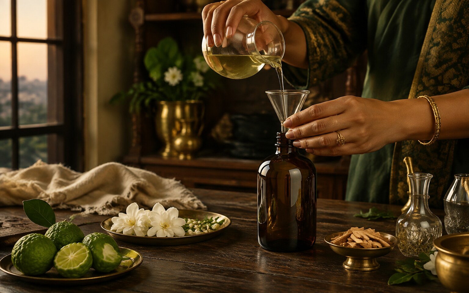 Aroma oil being carefully hand-poured into a bottle in a warm Kolkata studio